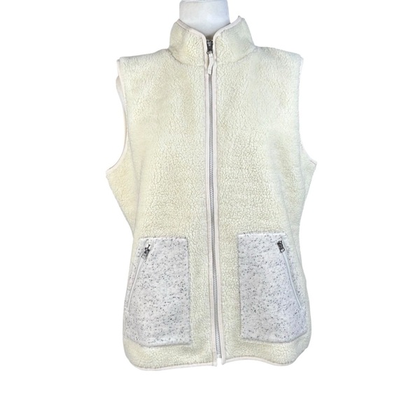 Talbots T By Talbots Faux Sherpa Vest Large Ivory Cozy Contrast Zip Pockets - Picture 1 of 10